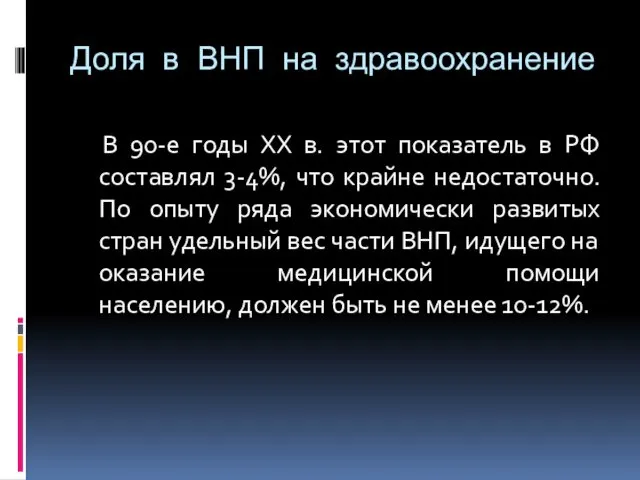 Доля в ВНП на здравоохранение В 90-е годы XX в.