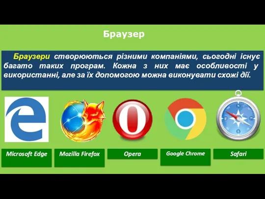 Браузер Браузери створюються різними компаніями, сьогодні існує багато таких програм. Кожна з них