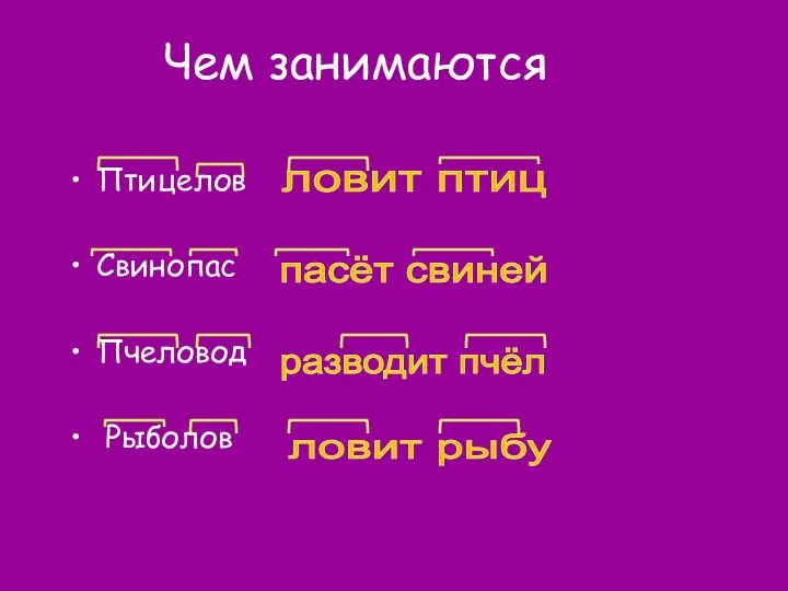 Чем занимаются Птицелов Свинопас Пчеловод Рыболов ловит птиц пасёт свиней разводит пчёл ловит рыбу