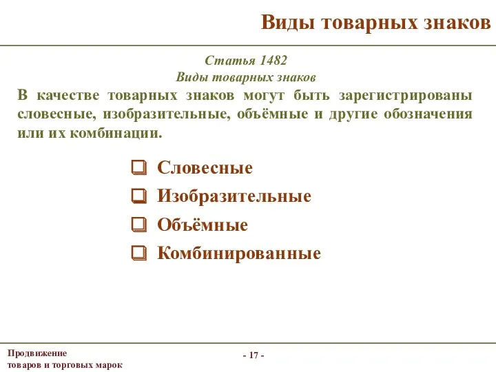 - - Виды товарных знаков Словесные Изобразительные Объёмные Комбинированные Статья 1482 Виды товарных