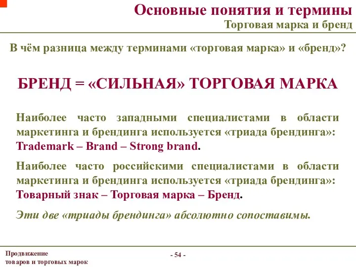 - - Основные понятия и термины Торговая марка и бренд БРЕНД = «СИЛЬНАЯ»