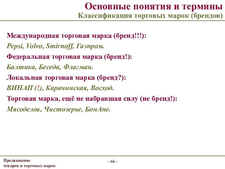 - - Основные понятия и термины Классификация торговых марок (брендов) Международная торговая марка