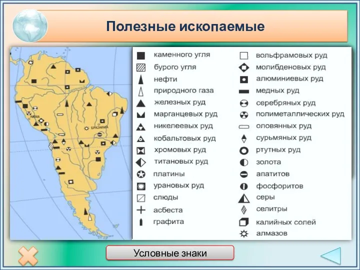 Полезные ископаемые Условные знаки Южная Америка богата полезными ископаемыми, которые