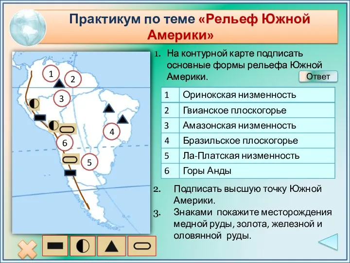 Практикум по теме «Рельеф Южной Америки» 1 2 3 4