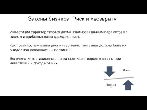 Инвестиции характеризуются двумя взаимосвязанным параметрами: риском и прибыльностью (доходностью). Как