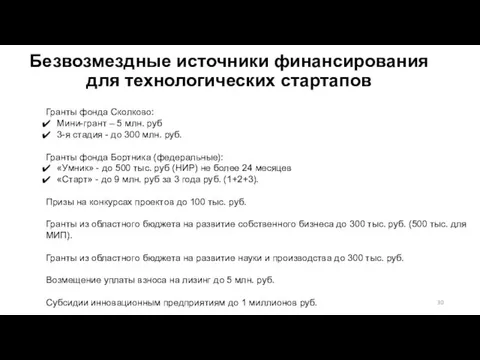 Безвозмездные источники финансирования для технологических стартапов Гранты фонда Сколково: Мини-грант