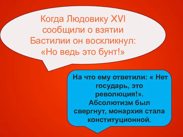 Когда Людовику XVl сообщили о взятии Бастилии он воскликнул: «Но ведь это бунт!»