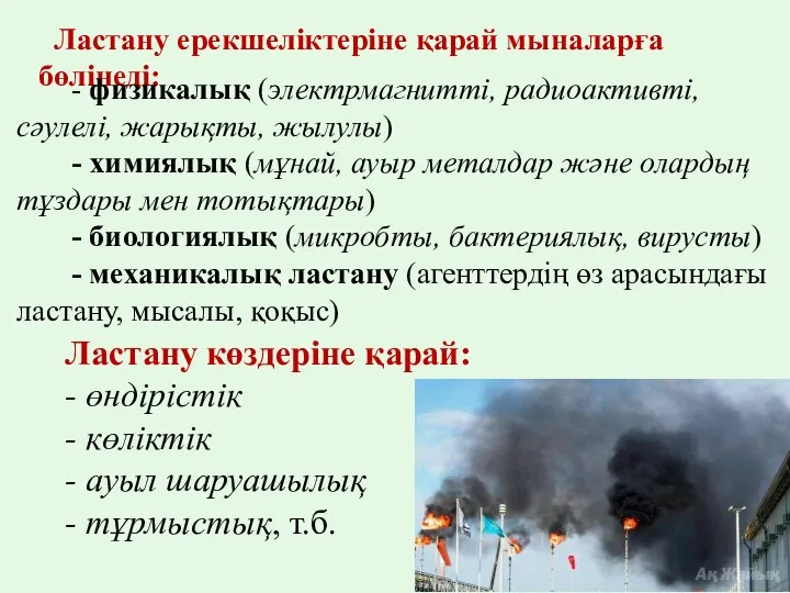 Ластану ерекшеліктеріне қарай мыналарға бөлінеді: - физикалық (электрмагнитті, радиоактивті, сәулелі,