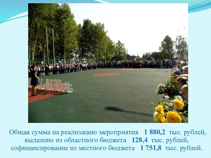 Общая сумма на реализацию мероприятия 1 880,2 тыс. рублей, выделено