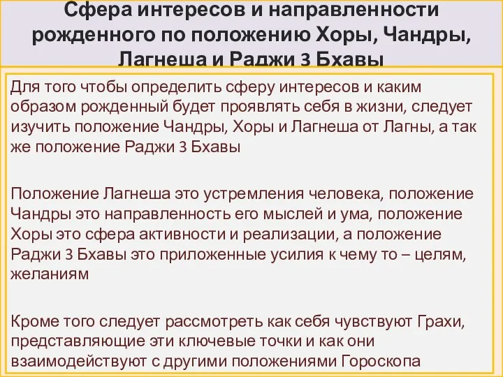 Сфера интересов и направленности рожденного по положению Хоры, Чандры, Лагнеша