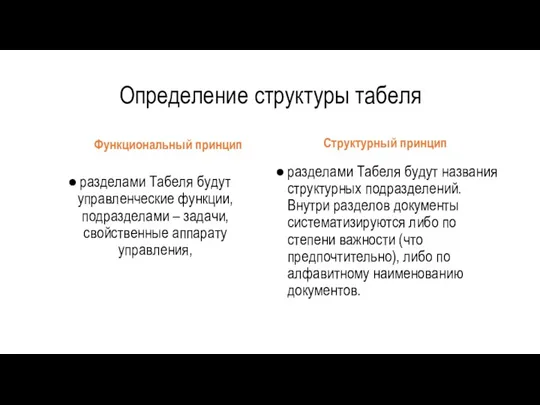 Функциональный принцип разделами Табеля будут управленческие функции, подразделами – задачи,