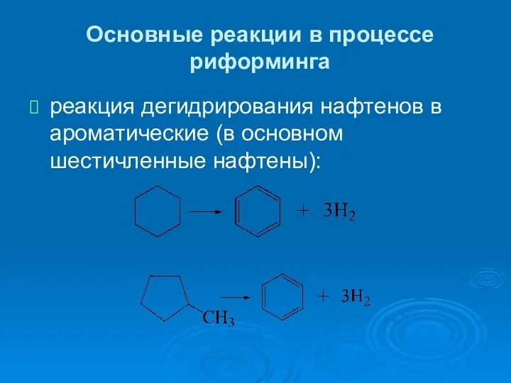 Основные реакции в процессе риформинга реакция дегидрирования нафтенов в ароматические (в основном шестичленные нафтены):