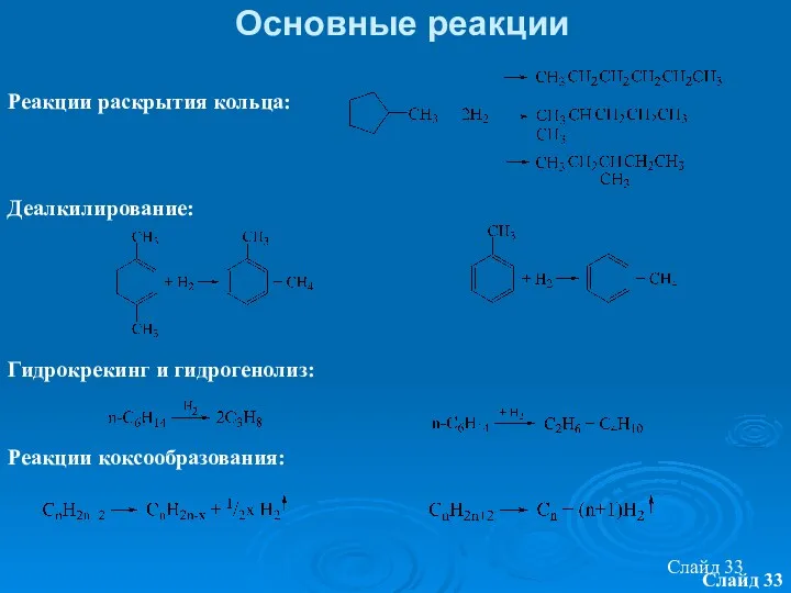 Слайд Слайд Основные реакции Реакции раскрытия кольца: Деалкилирование: Гидрокрекинг и гидрогенолиз: Реакции коксообразования: