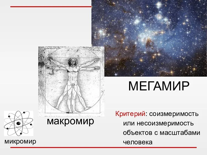 микромир макромир МЕГАМИР Критерий: соизмеримость или несоизмеримость объектов с масштабами человека