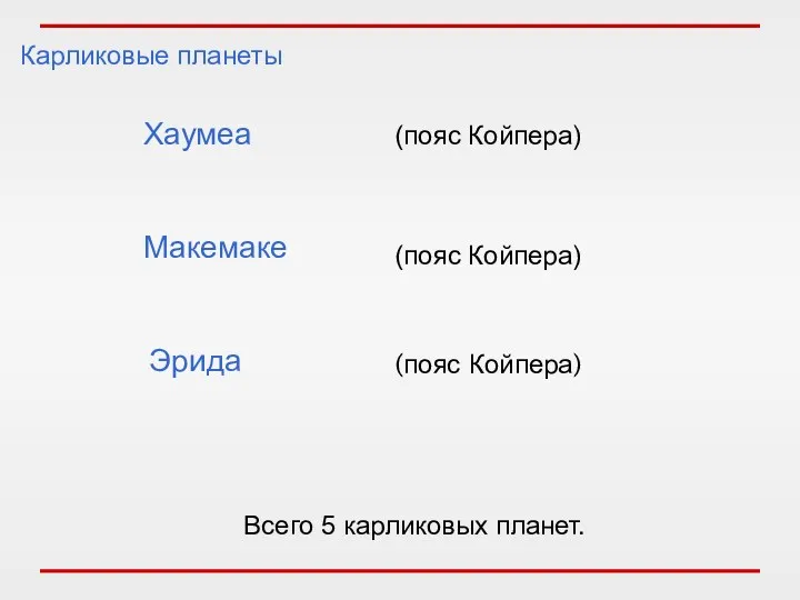 Карликовые планеты Хаумеа (пояс Койпера) (пояс Койпера) Макемаке (пояс Койпера) Эрида Всего 5 карликовых планет.