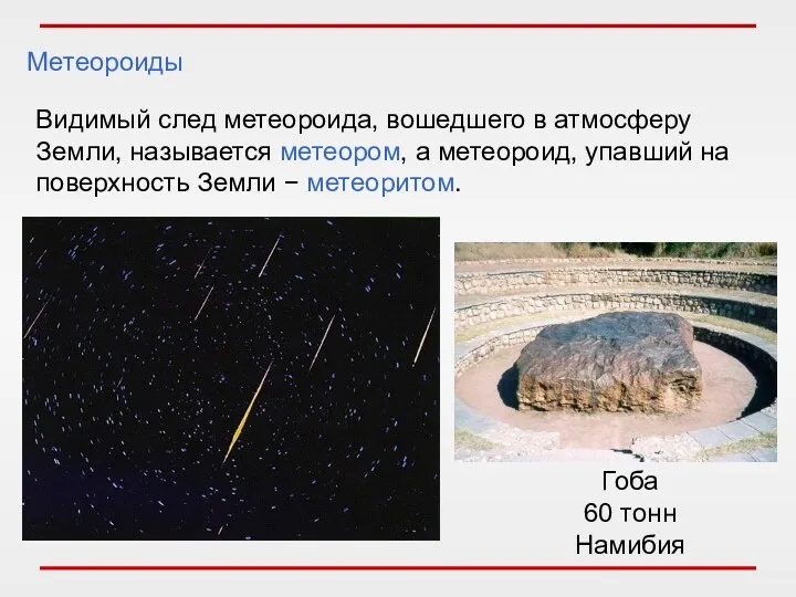 Метеороиды Видимый след метеороида, вошедшего в атмосферу Земли, называется метеором,