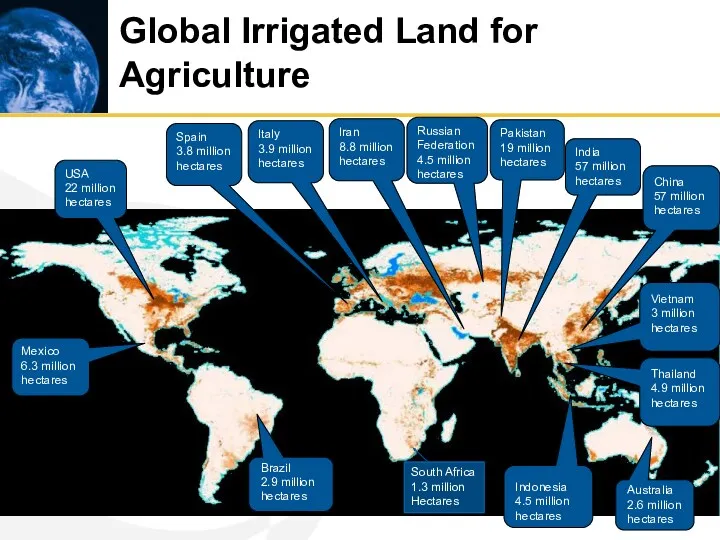 Global Irrigated Land for Agriculture India 57 million hectares USA 22 million hectares