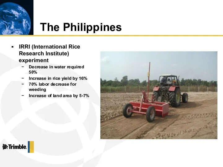 The Philippines IRRI (International Rice Research Institute) experiment Decrease in water required 50%