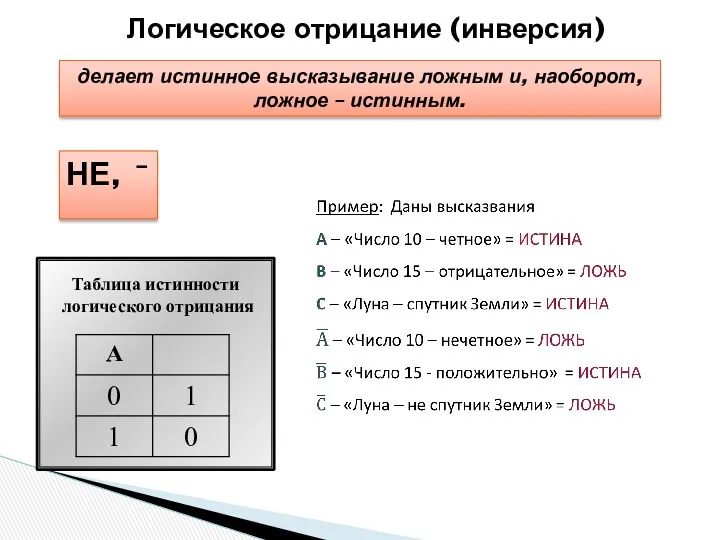 Логическое отрицание (инверсия) делает истинное высказывание ложным и, наоборот, ложное