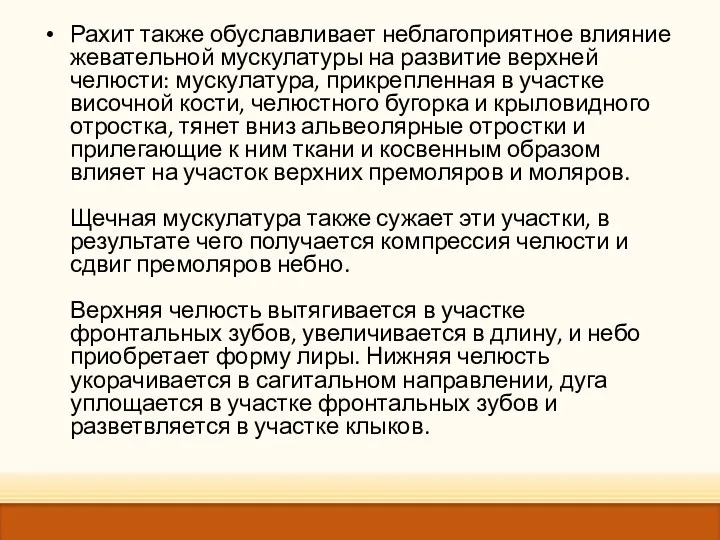 Рахит также обуславливает неблагоприятное влияние жевательной мускулатуры на развитие верхней