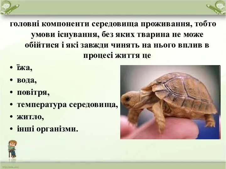 головні компоненти середовища проживання, тобто умови існування, без яких тварина