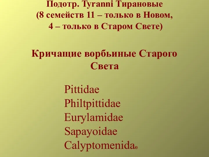 Подотр. Tyranni Тирановые (8 семейств 11 – только в Новом,