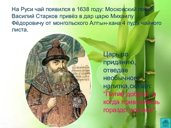 На Руси чай появился в 1638 году: Московский посол Василий