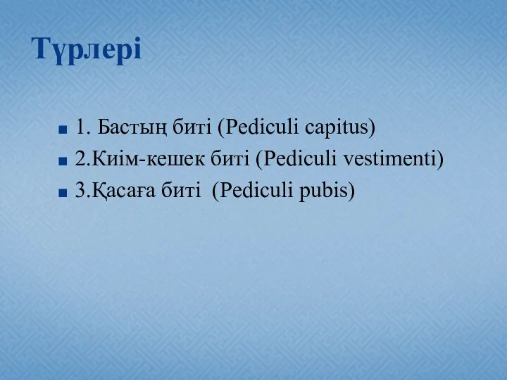 Түрлері 1. Бастың биті (Pediculi capitus) 2.Киім-кешек биті (Pediculi vestimenti) 3.Қасаға биті (Pediculi pubis)
