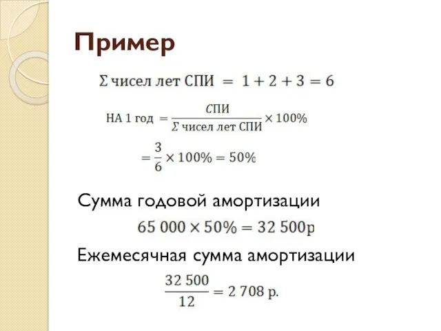 Пример Сумма годовой амортизации Ежемесячная сумма амортизации