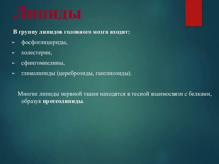 Липиды В группу липидов головного мозга входят: фосфоглицериды, холестерин, сфингомиелины,