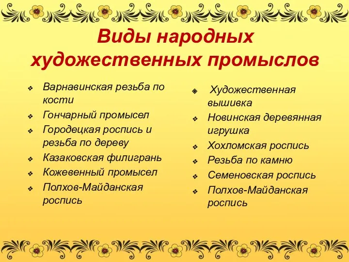 Виды народных художественных промыслов Варнавинская резьба по кости Гончарный промысел