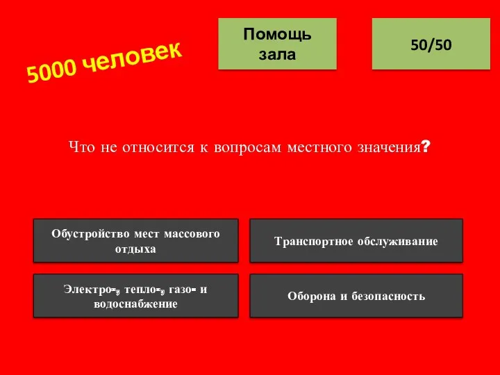 Что не относится к вопросам местного значения? 50/50 Помощь зала