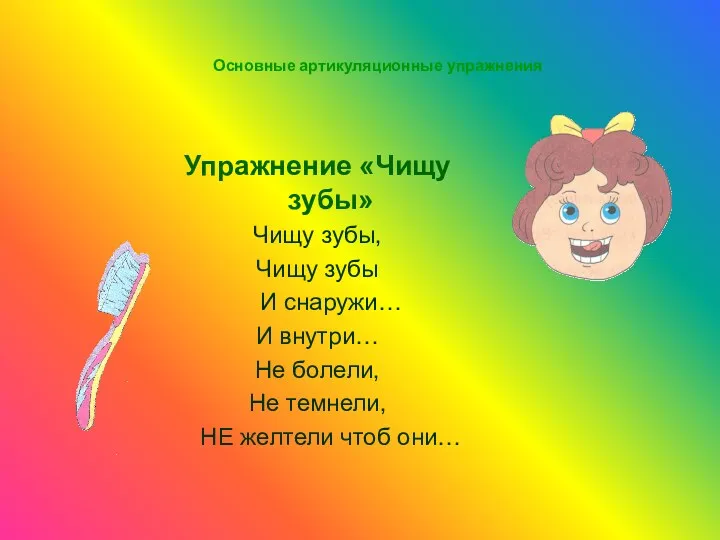 Основные артикуляционные упражнения Упражнение «Чищу зубы» Чищу зубы, Чищу зубы