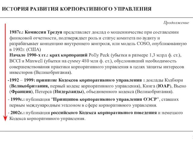 Краткая история корпоративного управления 1987г.: Комиссия Тредуя представляет доклад о мошенничестве при составлении