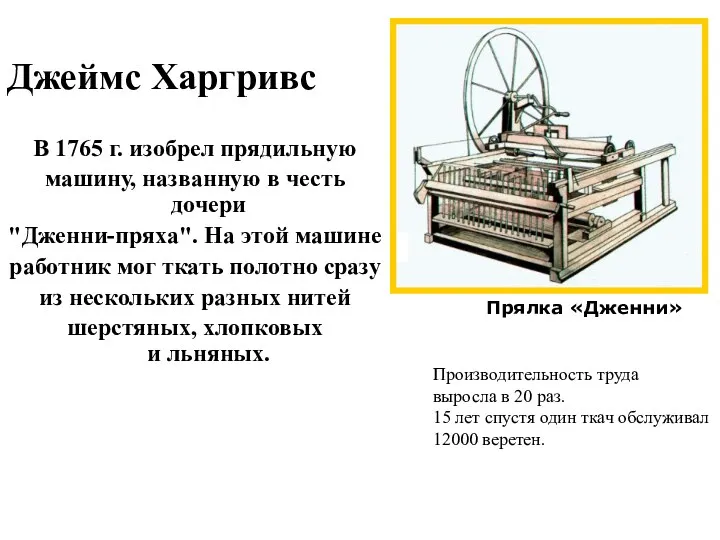 Джеймс Харгривс В 1765 г. изобрел прядильную машину, названную в