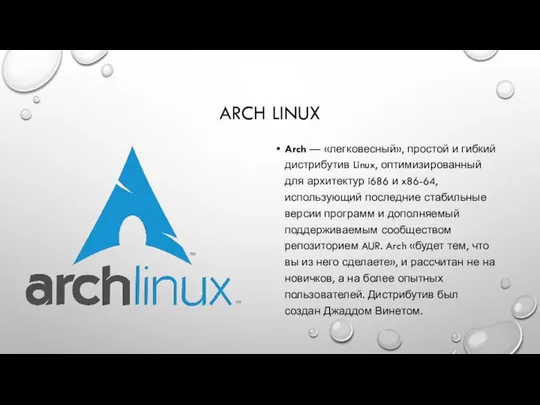 ARCH LINUX Arch — «легковесный», простой и гибкий дистрибутив Linux, оптимизированный для архитектур