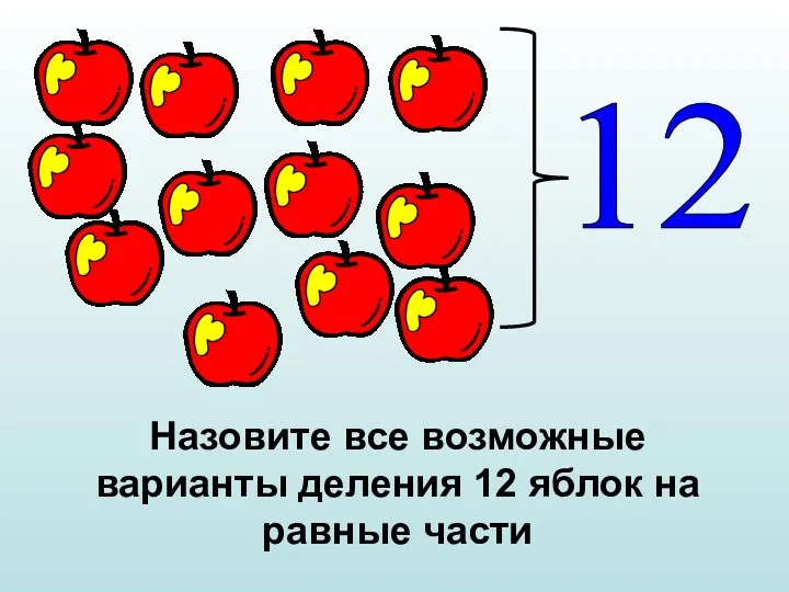 12 Назовите все возможные варианты деления 12 яблок на равные части