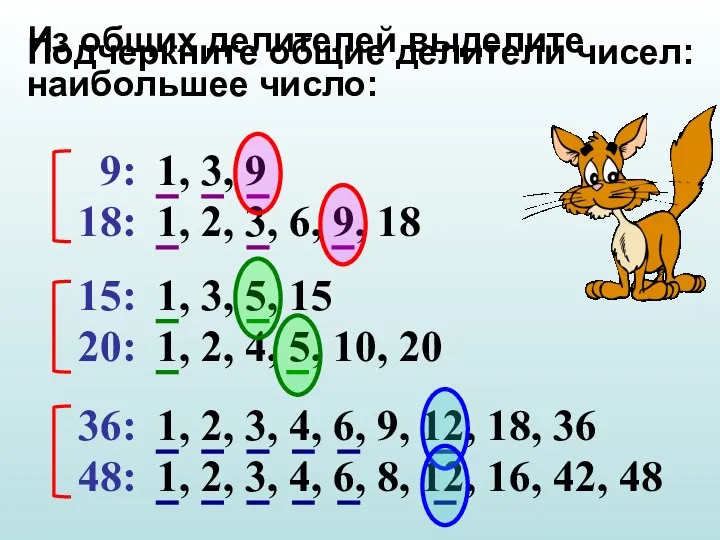 Подчеркните общие делители чисел: 9: 18: 15: 20: 36: 48: 1, 3, 9