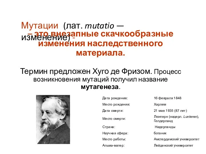 – это внезапные скачкообразные изменения наследственного материала. Термин предложен Хуго