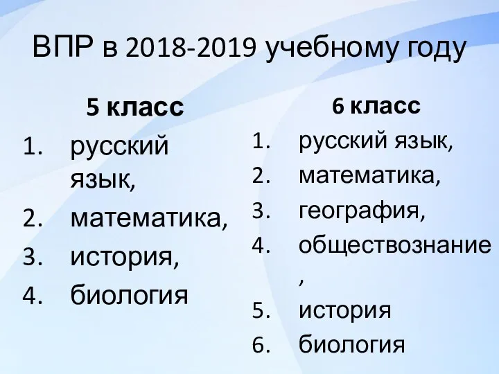 ВПР в 2018-2019 учебному году 5 класс русский язык, математика, история, биология 6