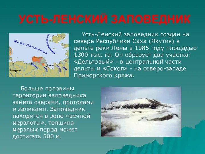 УСТЬ-ЛЕНСКИЙ ЗАПОВЕДНИК Усть-Ленский заповедник создан на севере Республики Саха (Якутия)