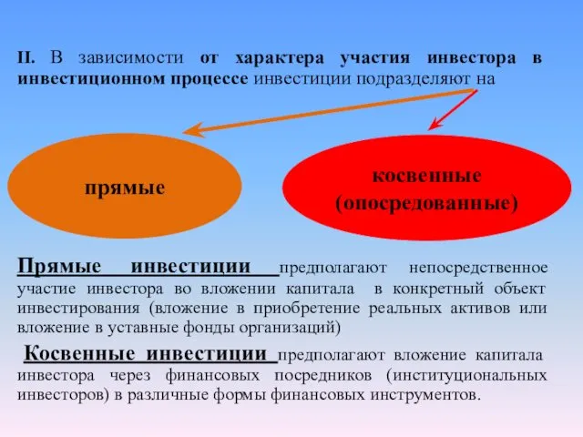 II. В зависимости от характера участия инвестора в инвестиционном процессе