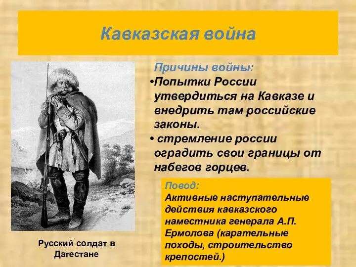 Кавказская война Русский солдат в Дагестане Причины войны: Попытки России утвердиться на Кавказе