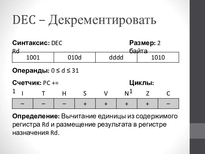 DEC – Декрементировать Определение: Вычитание единицы из содержимого регистра Rd и размещение результата