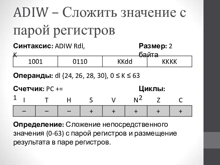 ADIW – Сложить значение с парой регистров Определение: Сложение непосредственного значения (0-63) с