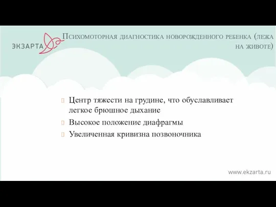 Психомоторная диагностика новорожденного ребенка (лежа на животе) Центр тяжести на