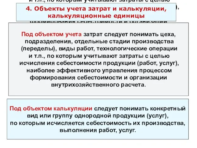 Под объектом учета затрат следует понимать цеха, подразделения, отдельные стадии производства (переделы), виды