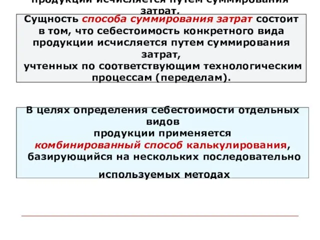 Сущность способа суммирования затрат состоит в том, что себестоимость конкретного вида продукции исчисляется