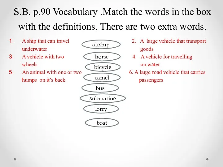 S.B. p.90 Vocabulary .Match the words in the box with