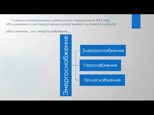 Главным направлением деятельности предприятий ЖКХ при обслуживании многоквартирных домов является их энергетическое обеспечение , или энергоснабжение.